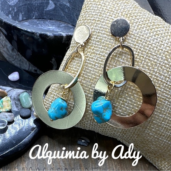 Maximalist ultra big turquoise nuggets gold earrings statement extra long - Picture 2 of 3